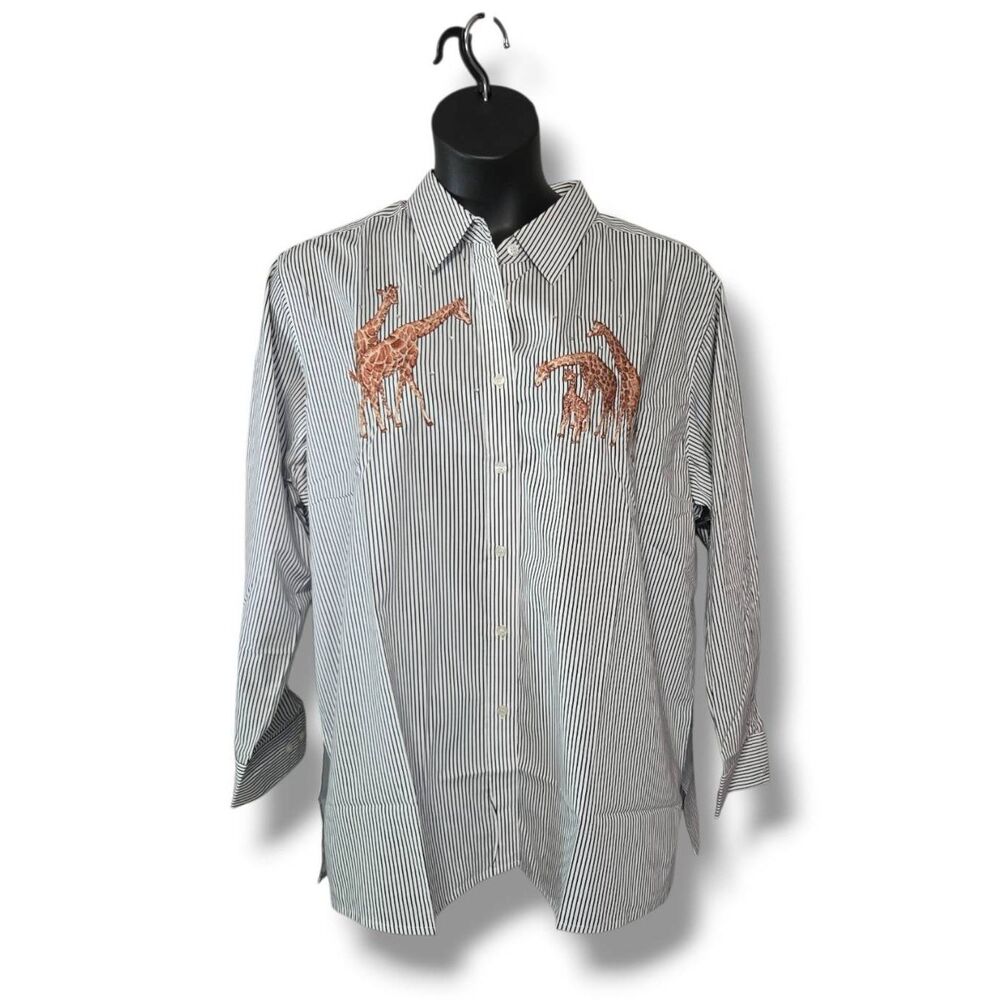 NWT Vintage Quacker Factory Striped Giraffe Embroidered Button Down Shirt Size 1